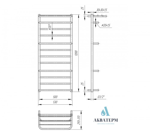 Полотенцесушитель водяной AquaThermo, ЛЮКСОР 1200×530/500