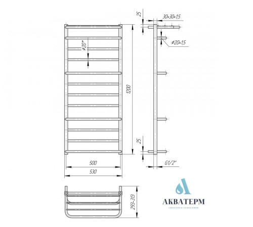 Полотенцесушитель водяной AquaThermo, ПРЕМИУМ ЛЮКСОР 1200×530/500 Полотенцесушитель водяной AquaThermo, ПРЕМИУМ ЛЮКСОР 1200×530/500