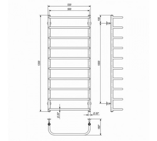 Полотенцесушитель водяной Deffi Стандарт П10 500x1200 В нижнее подключение (SS 120.50.10)