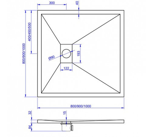 Душевой поддон EDEM 1000x1000x32 мм белый (WT/100x100/W(W-100100)