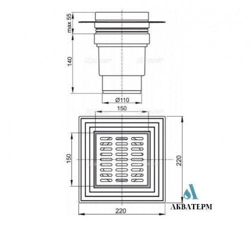 Трап зливний прямий з металевою решіткою AlcaPlast 150×150/110 арт.APV13 Трап зливний прямий з металевою решіткою AlcaPlast 150×150/110 арт.APV13